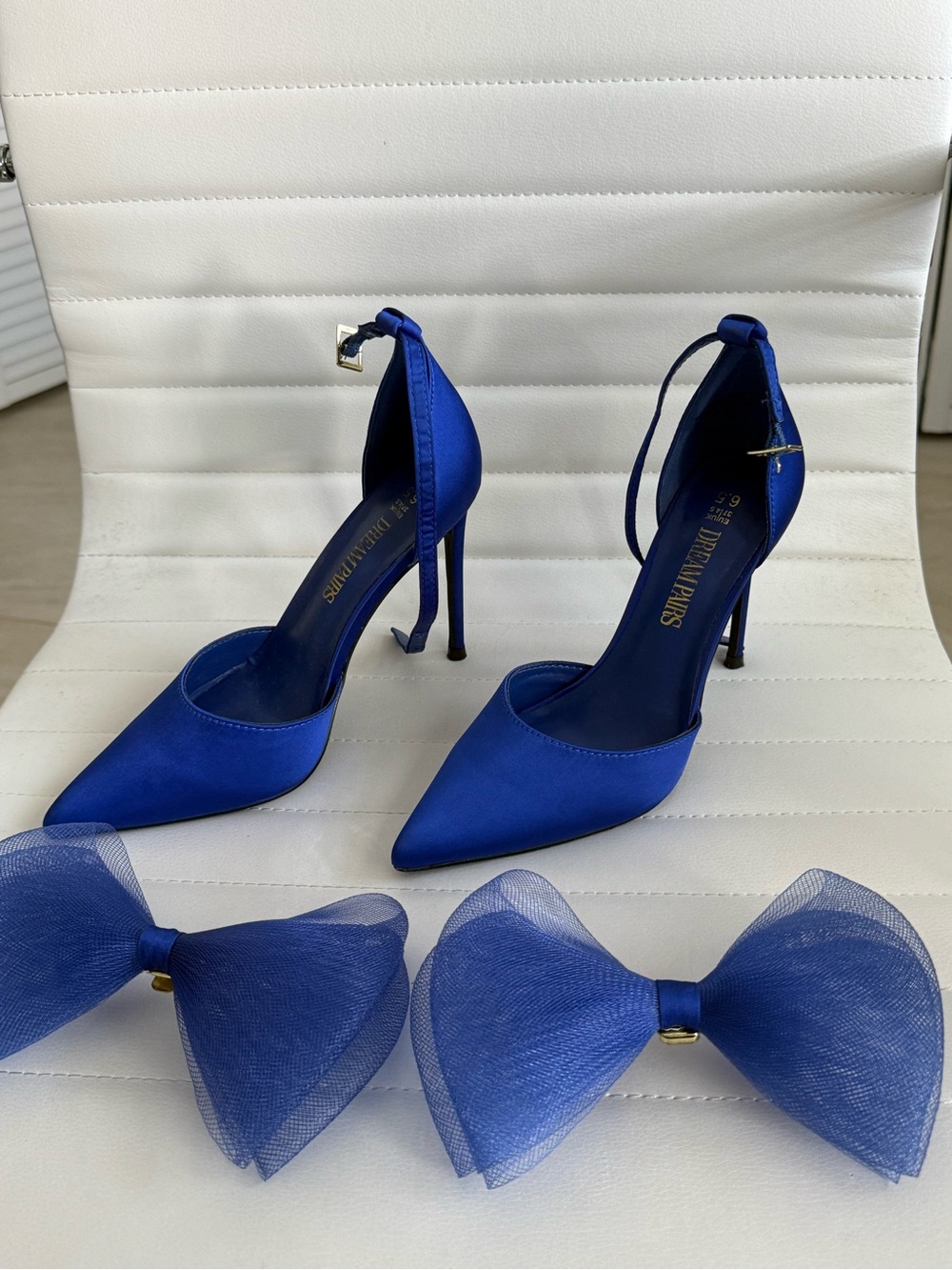 Royal Blue Satin Pointed-Toe Ankle-Strap Heels with Removable Bows